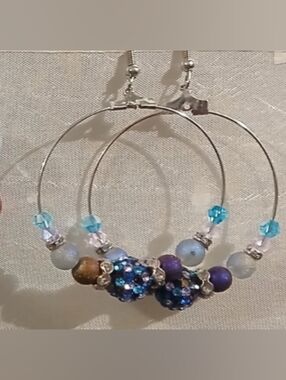 Hand Crafted Blue Beaded Hoop Earrings